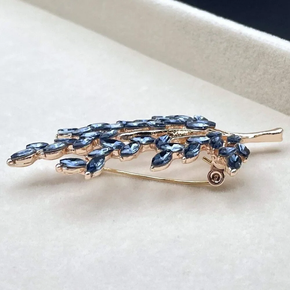 Rose Gold with Blue Sapphire Crystal Tree Branch with Leaves Pin Back Brooch